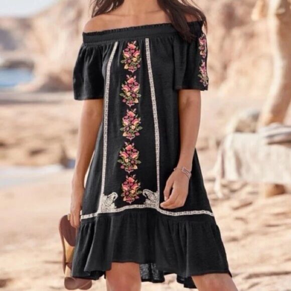 Sundance Floral Path Embroidered Linen Off Shoulder Mini Dress, Navy, Size XS - Picture 1 of 7